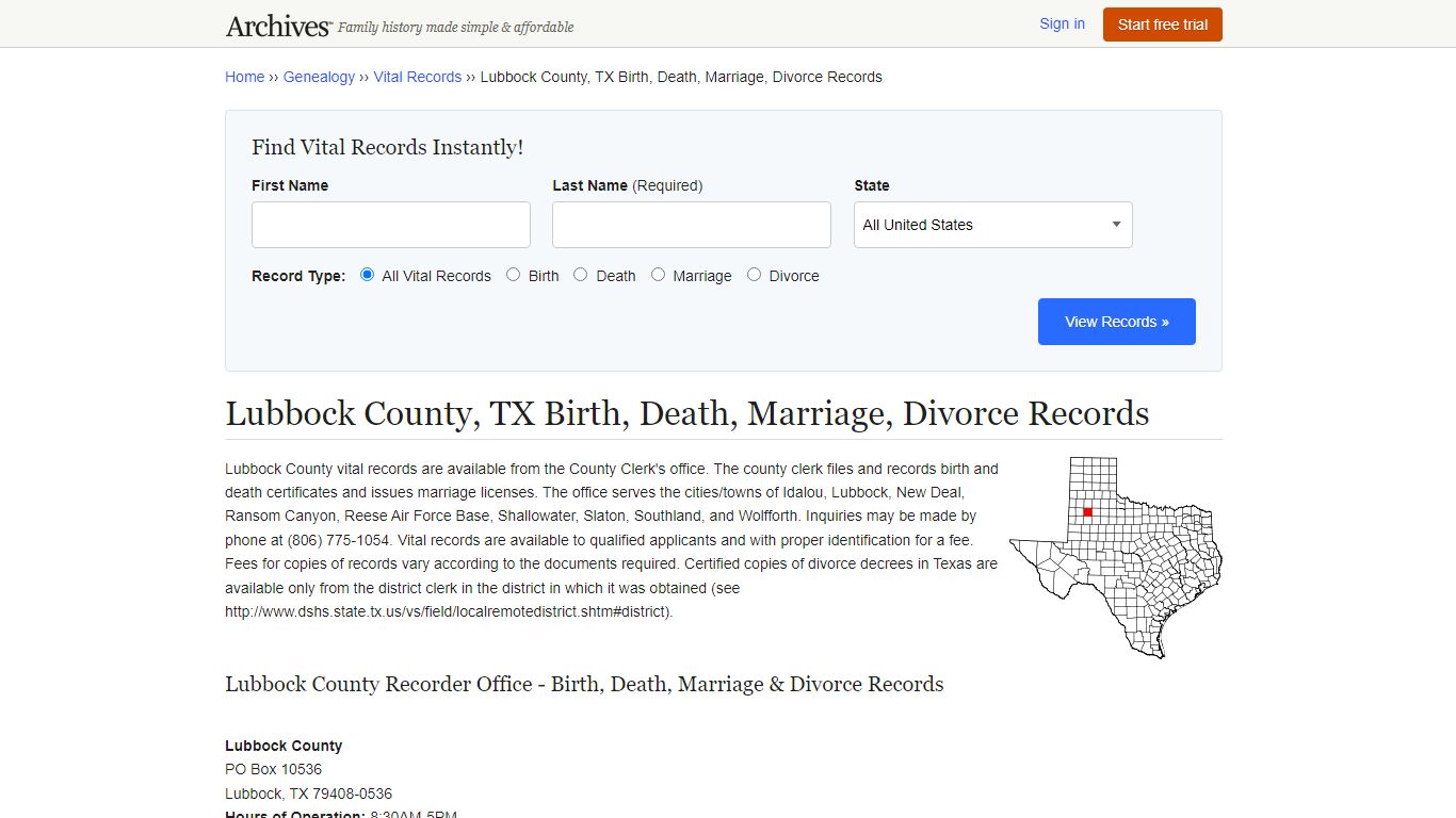 Lubbock County, TX Birth, Death, Marriage, Divorce Records - Archives.com